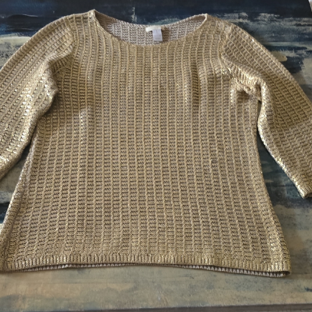 Chico's Metallic Gold Crew Neck Sweater,sz 1